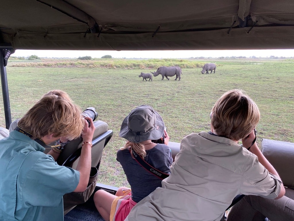 Barn på safari fotograferer elefanter fra safaribil i Botswana