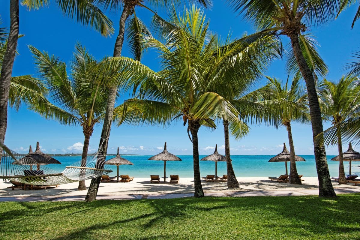 Strandbilde med parasoller i strå og palmer på one and only le saint geran mauritius